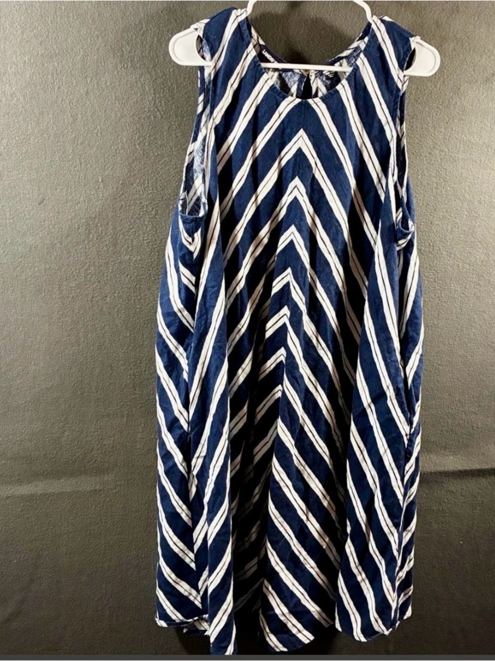 Lands' End Navy & White Chevron Stripe Linen Midi Dress w/pockets 2X